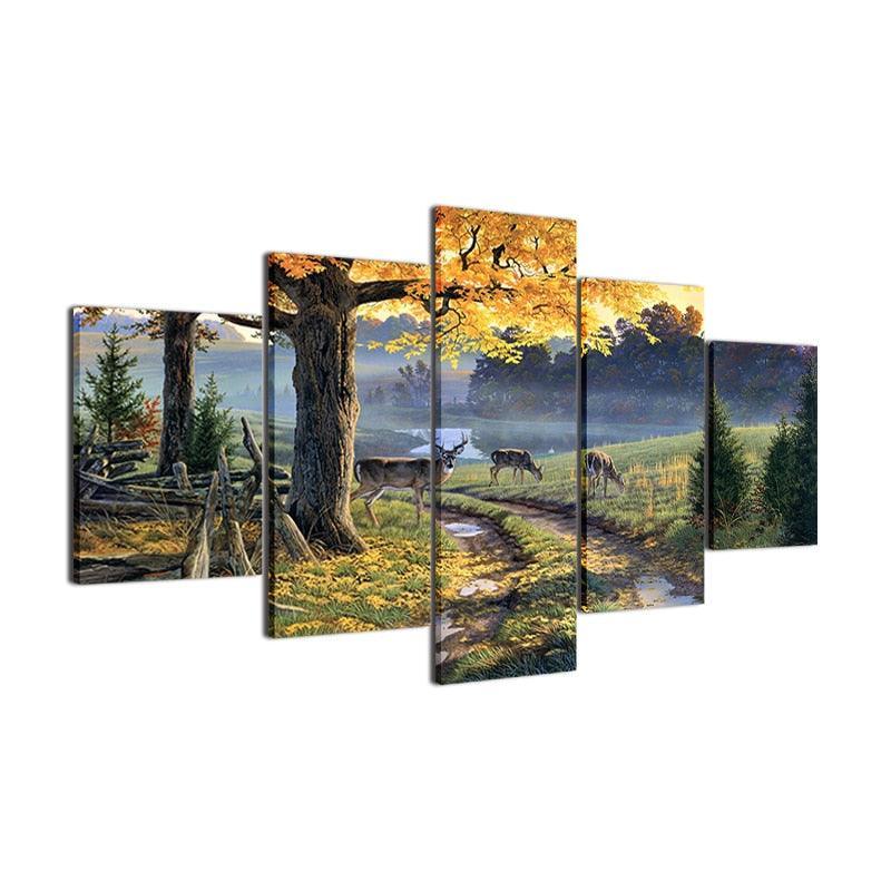 Deer In Forest Natural 5 Piece HD Multi Panel Canvas Wall Art Frame-Original Frame