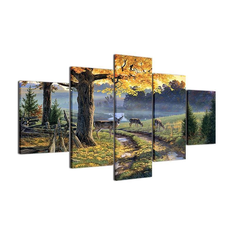 Deer In Forest Natural 5 Piece HD Multi Panel Canvas Wall Art Frame-Original Frame