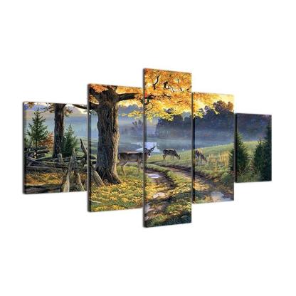 Deer In Forest Natural 5 Piece HD Multi Panel Canvas Wall Art Frame-Original Frame