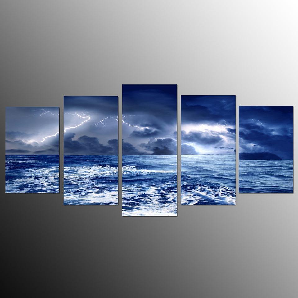 Seaside Lightning 5 Piece HD Multi Panel Canvas Wall Art Frame-Original Frame