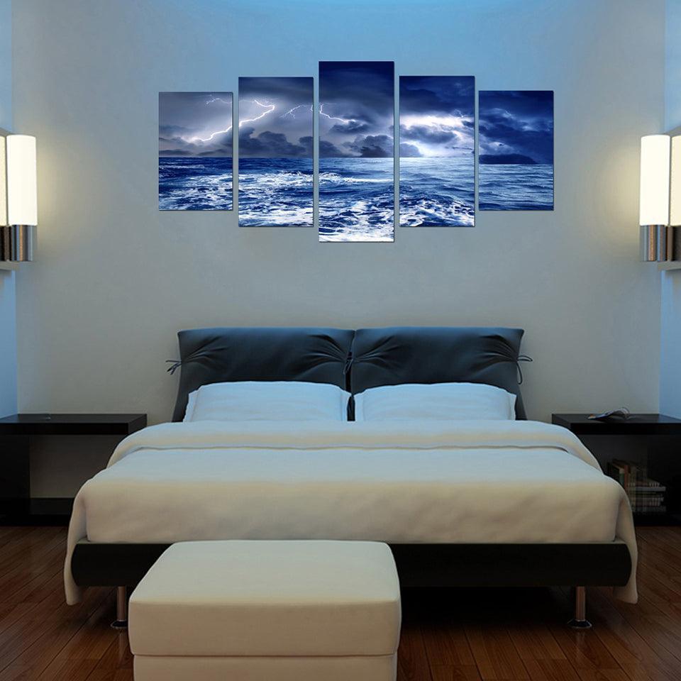 Seaside Lightning 5 Piece HD Multi Panel Canvas Wall Art Frame-Original Frame