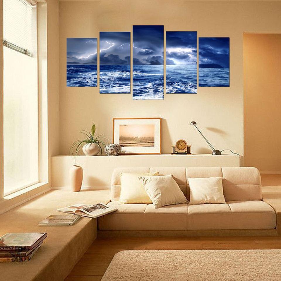 Seaside Lightning 5 Piece HD Multi Panel Canvas Wall Art Frame-Original Frame