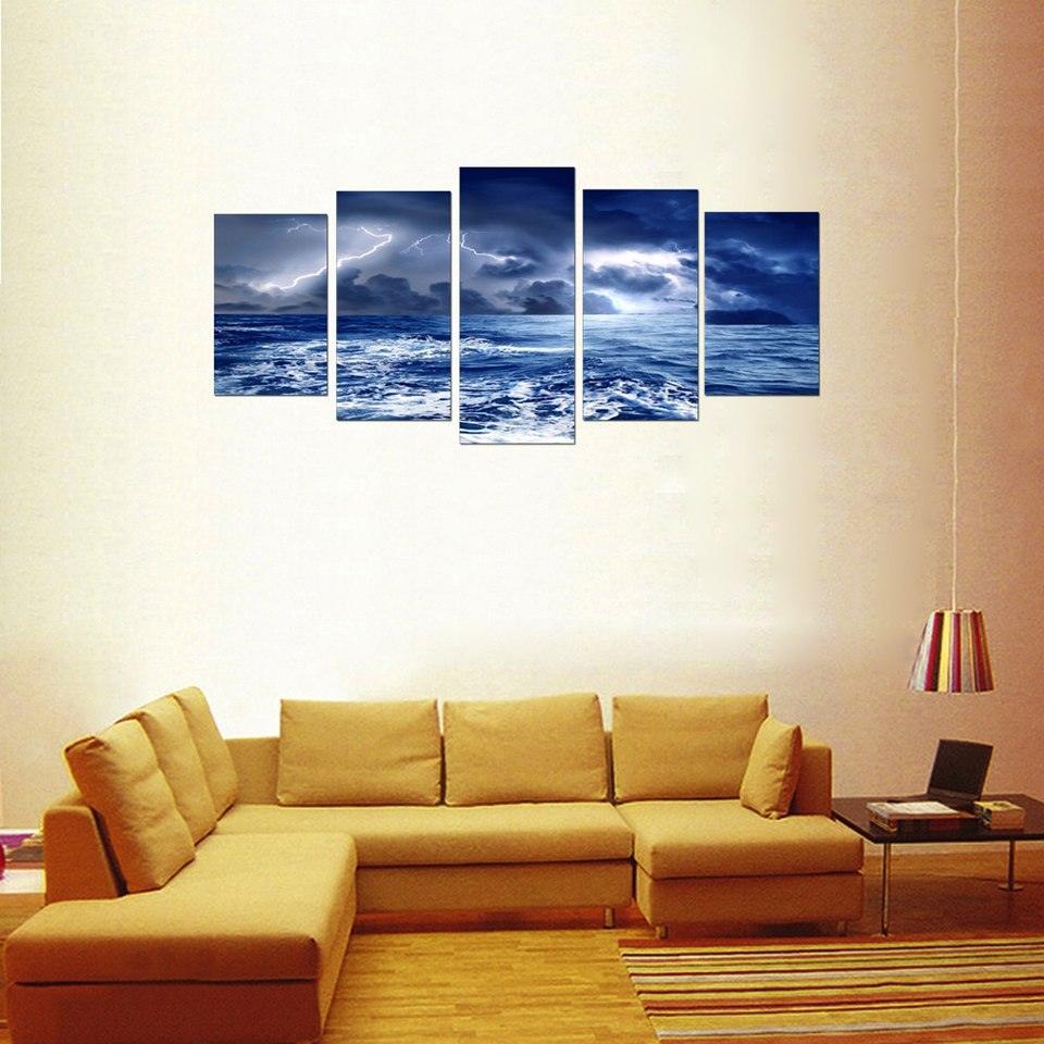Seaside Lightning 5 Piece HD Multi Panel Canvas Wall Art Frame-Original Frame
