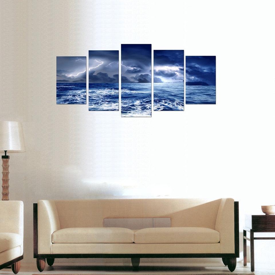 Seaside Lightning 5 Piece HD Multi Panel Canvas Wall Art Frame-Original Frame