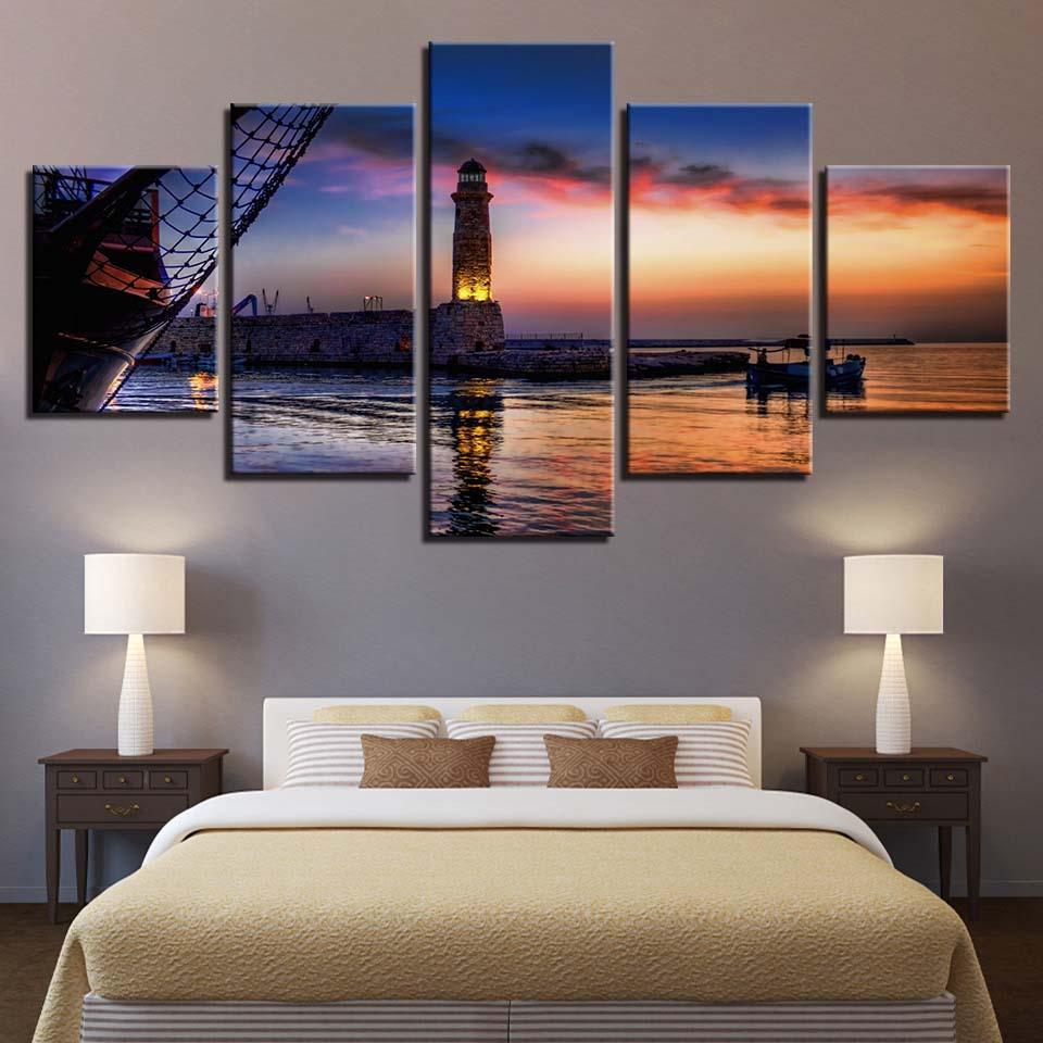 Light House Near The Sea 5 Piece HD Multi Panel Canvas Wall Art Frame-Original Frame