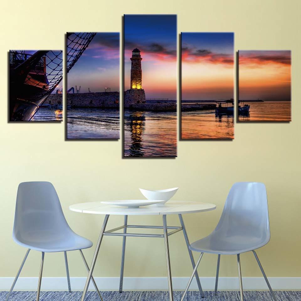 Light House Near The Sea 5 Piece HD Multi Panel Canvas Wall Art Frame-Original Frame