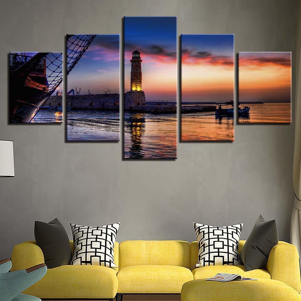 Light House Near The Sea 5 Piece HD Multi Panel Canvas Wall Art Frame-Original Frame