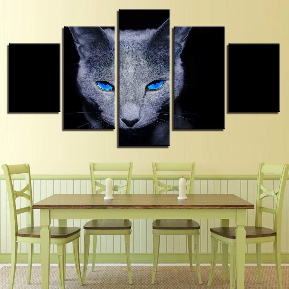 Blue Eyes Gray Cat 5 Piece HD Multi Panel Canvas Wall Art Frame-Original Frame