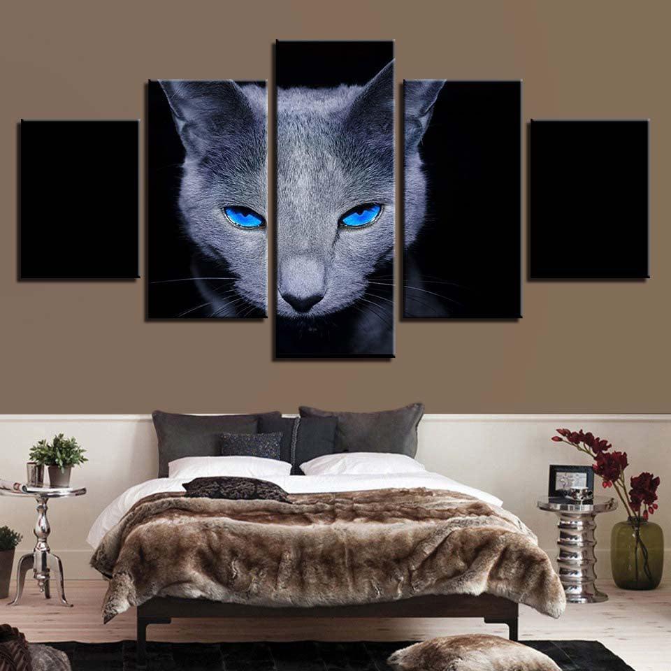 Blue Eyes Gray Cat 5 Piece HD Multi Panel Canvas Wall Art Frame-Original Frame