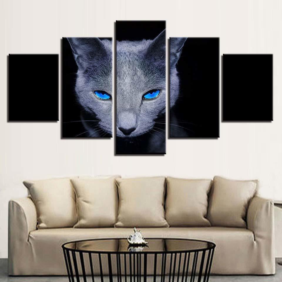 Blue Eyes Gray Cat 5 Piece HD Multi Panel Canvas Wall Art Frame-Original Frame