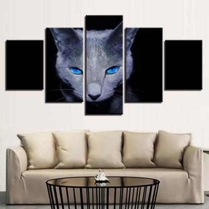 Blue Eyes Gray Cat 5 Piece HD Multi Panel Canvas Wall Art Frame-Original Frame