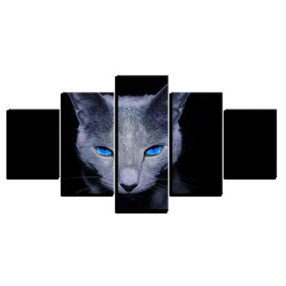 Blue Eyes Gray Cat 5 Piece HD Multi Panel Canvas Wall Art Frame-Original Frame