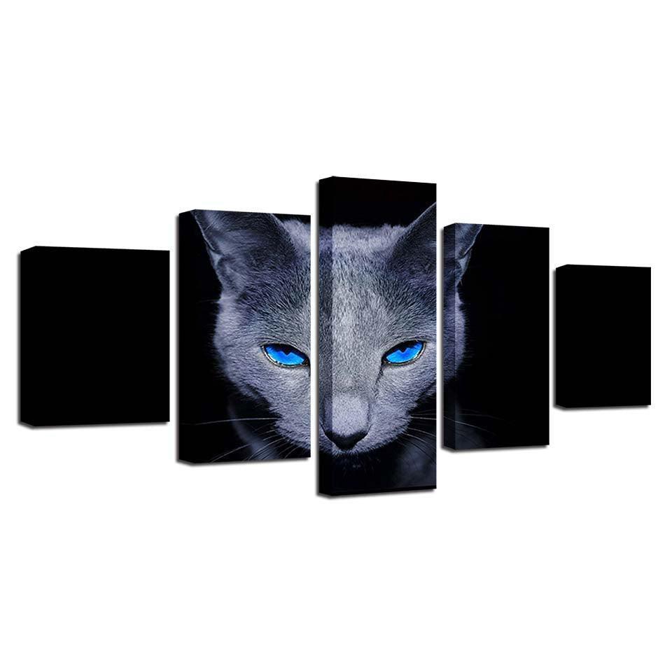 Blue Eyes Gray Cat 5 Piece HD Multi Panel Canvas Wall Art Frame-Original Frame