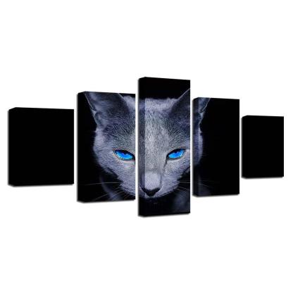 Blue Eyes Gray Cat 5 Piece HD Multi Panel Canvas Wall Art Frame-Original Frame