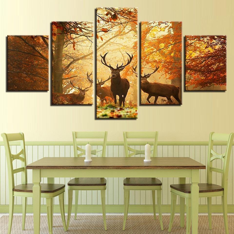 Autumn Forest Deers 5 Piece HD Multi Panel Canvas Wall Art Frame-Original Frame