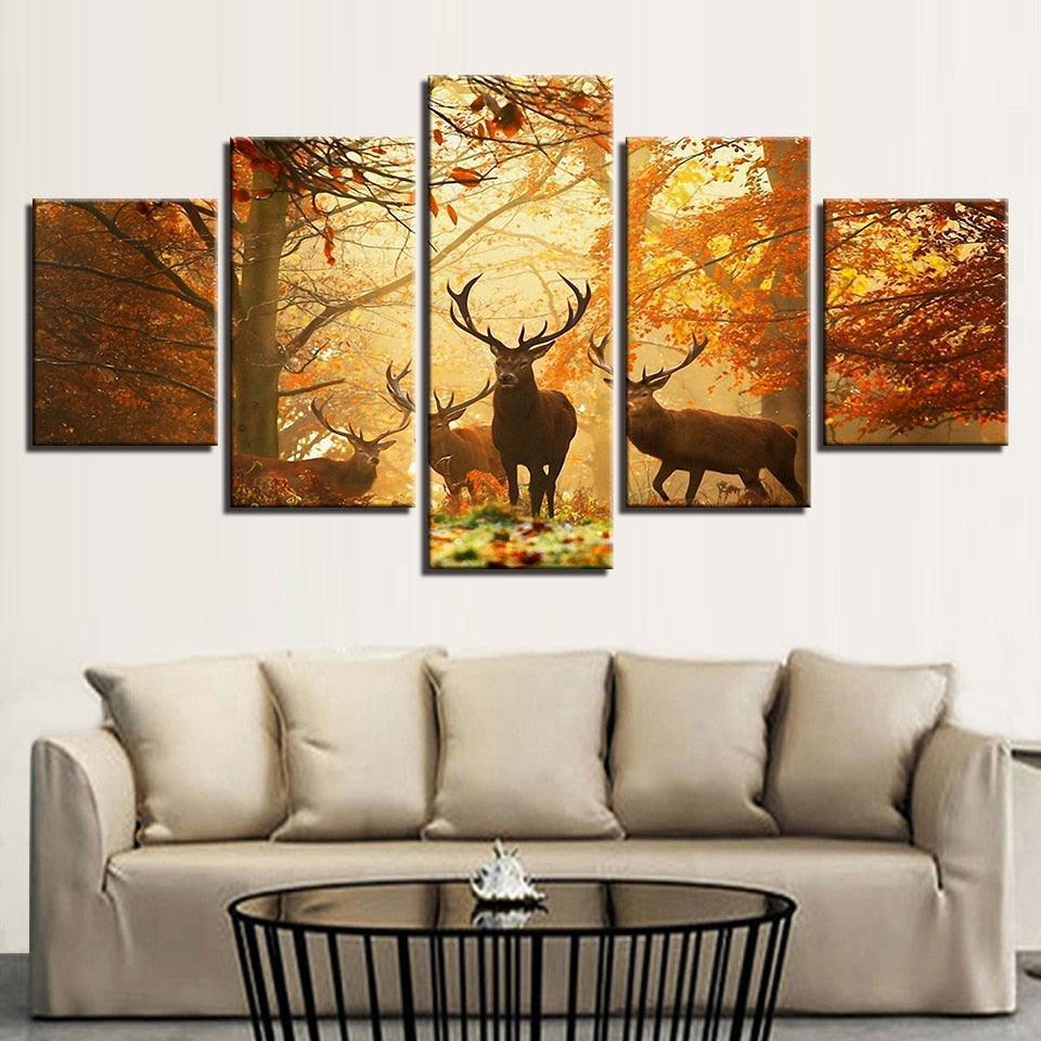 Autumn Forest Deers 5 Piece HD Multi Panel Canvas Wall Art Frame-Original Frame