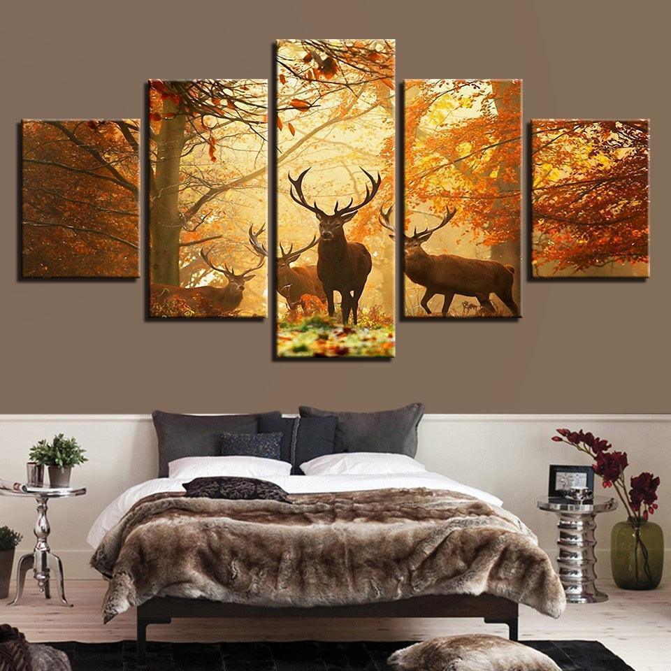 Autumn Forest Deers 5 Piece HD Multi Panel Canvas Wall Art Frame-Original Frame