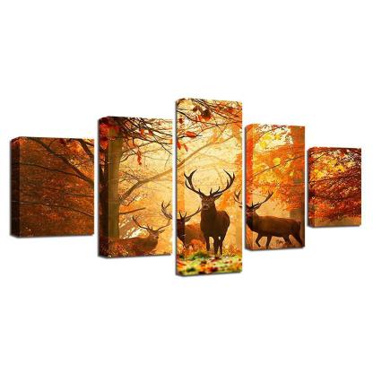 Autumn Forest Deers 5 Piece HD Multi Panel Canvas Wall Art Frame-Original Frame