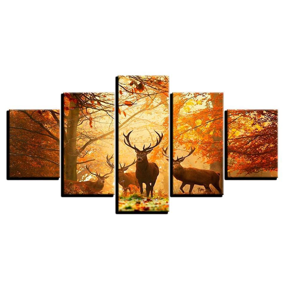 Autumn Forest Deers 5 Piece HD Multi Panel Canvas Wall Art Frame-Original Frame