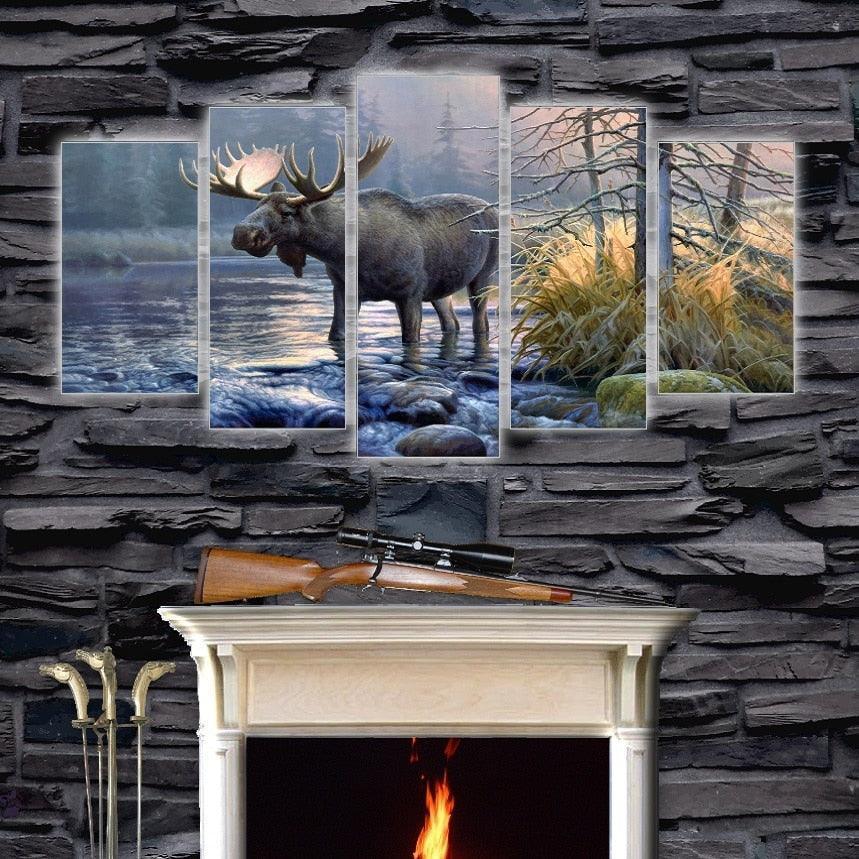 Elk by the Lake 5 Piece HD Multi Panel Canvas Wall Art Frame-Original Frame