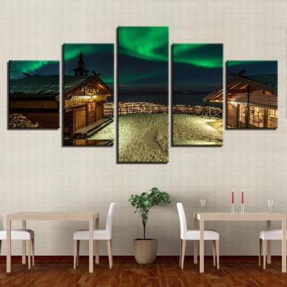 Colorful Aurora Borealis House 5 Piece HD Multi Panel Canvas Wall Art Frame-Original Frame