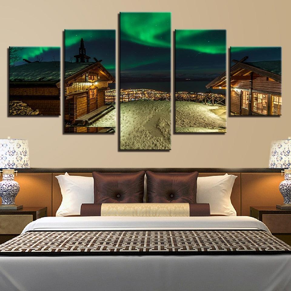 Colorful Aurora Borealis House 5 Piece HD Multi Panel Canvas Wall Art Frame-Original Frame