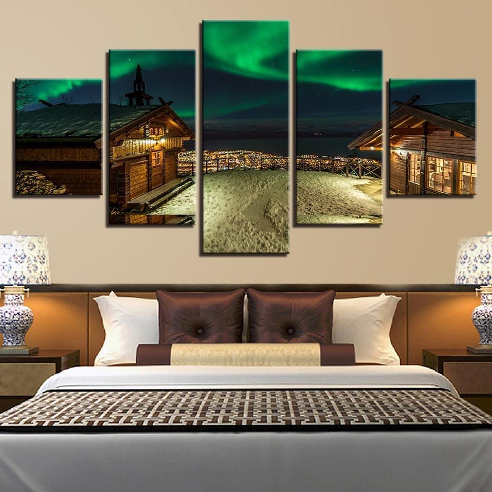 Colorful Aurora Borealis House 5 Piece HD Multi Panel Canvas Wall Art Frame-Original Frame