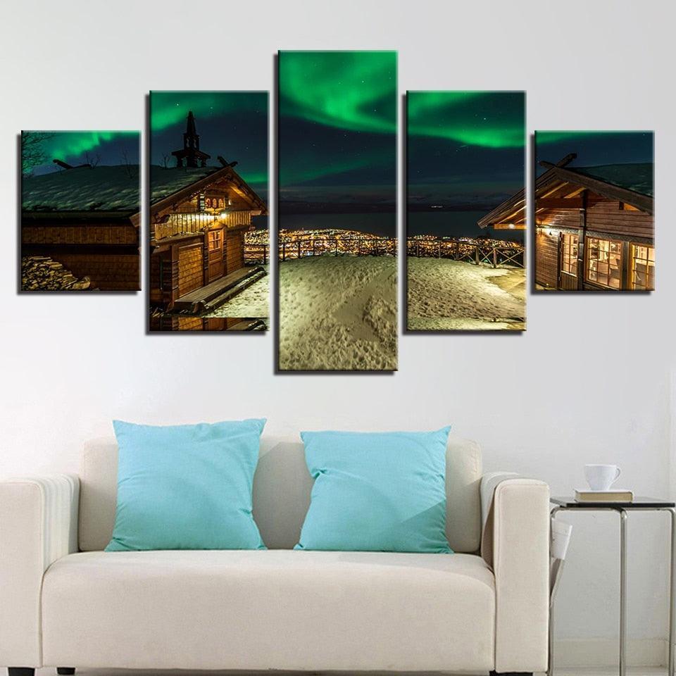 Colorful Aurora Borealis House 5 Piece HD Multi Panel Canvas Wall Art Frame-Original Frame