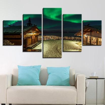Colorful Aurora Borealis House 5 Piece HD Multi Panel Canvas Wall Art Frame-Original Frame