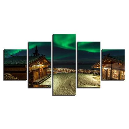 Colorful Aurora Borealis House 5 Piece HD Multi Panel Canvas Wall Art Frame-Original Frame