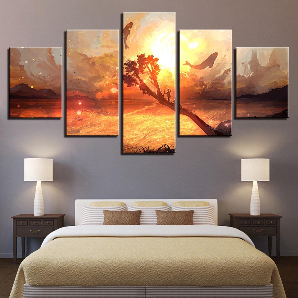 Dolphin And Whale 5 Piece HD Multi Panel Canvas Wall Art Frame-Original Frame