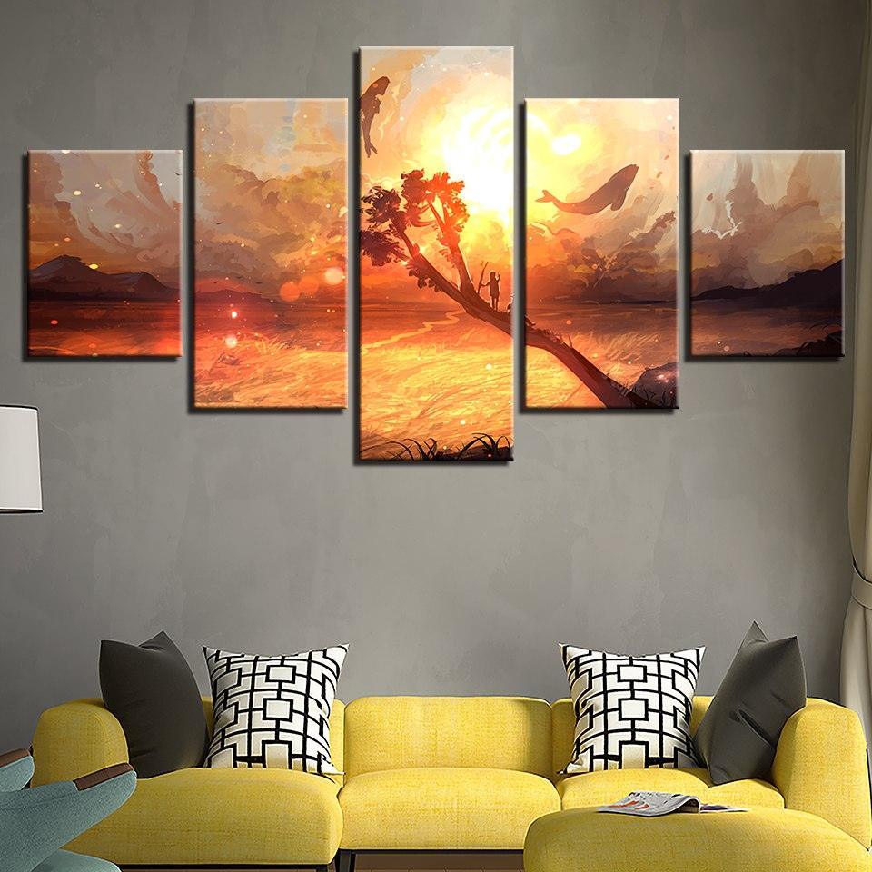 Dolphin And Whale 5 Piece HD Multi Panel Canvas Wall Art Frame-Original Frame