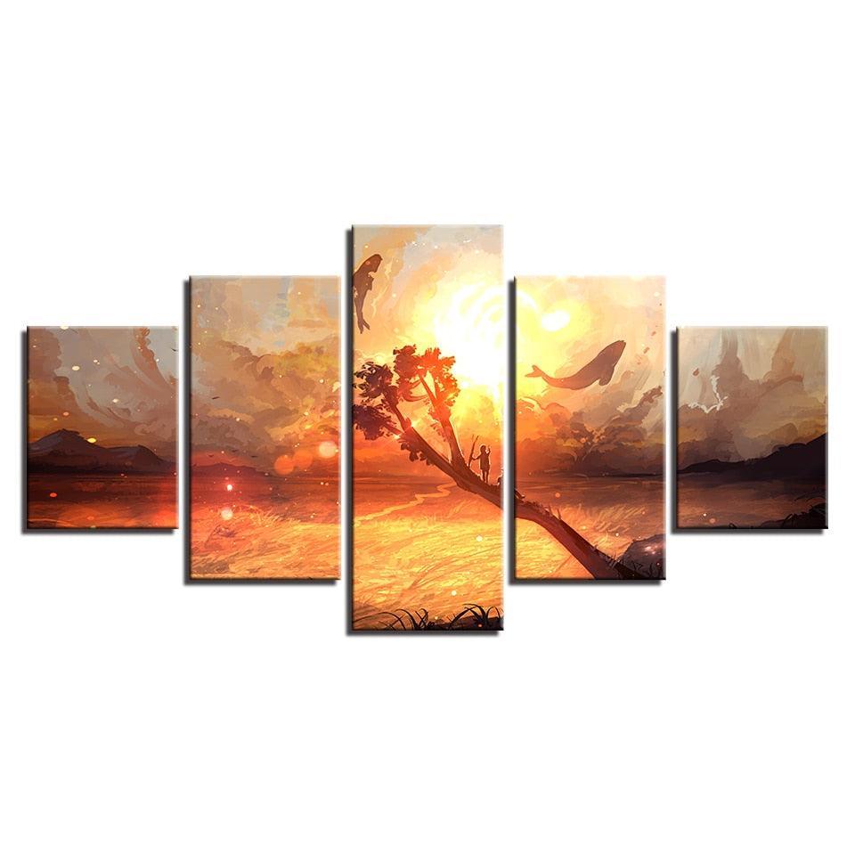 Dolphin And Whale 5 Piece HD Multi Panel Canvas Wall Art Frame-Original Frame