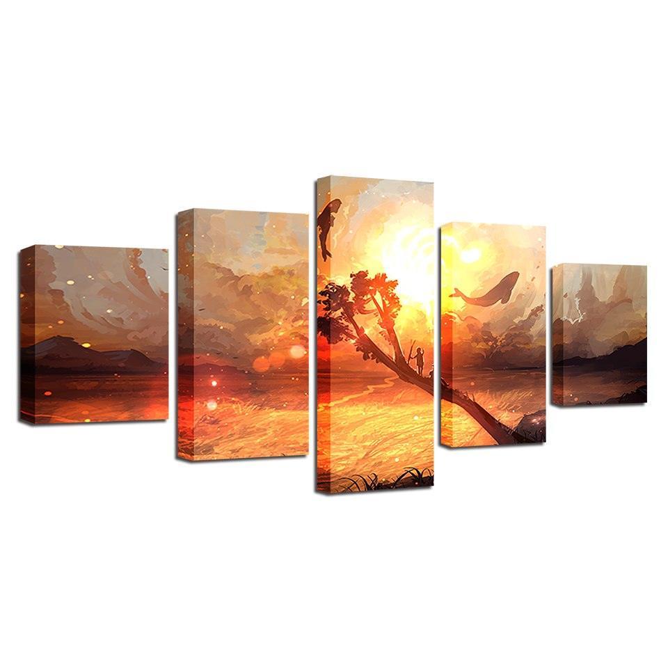 Dolphin And Whale 5 Piece HD Multi Panel Canvas Wall Art Frame-Original Frame