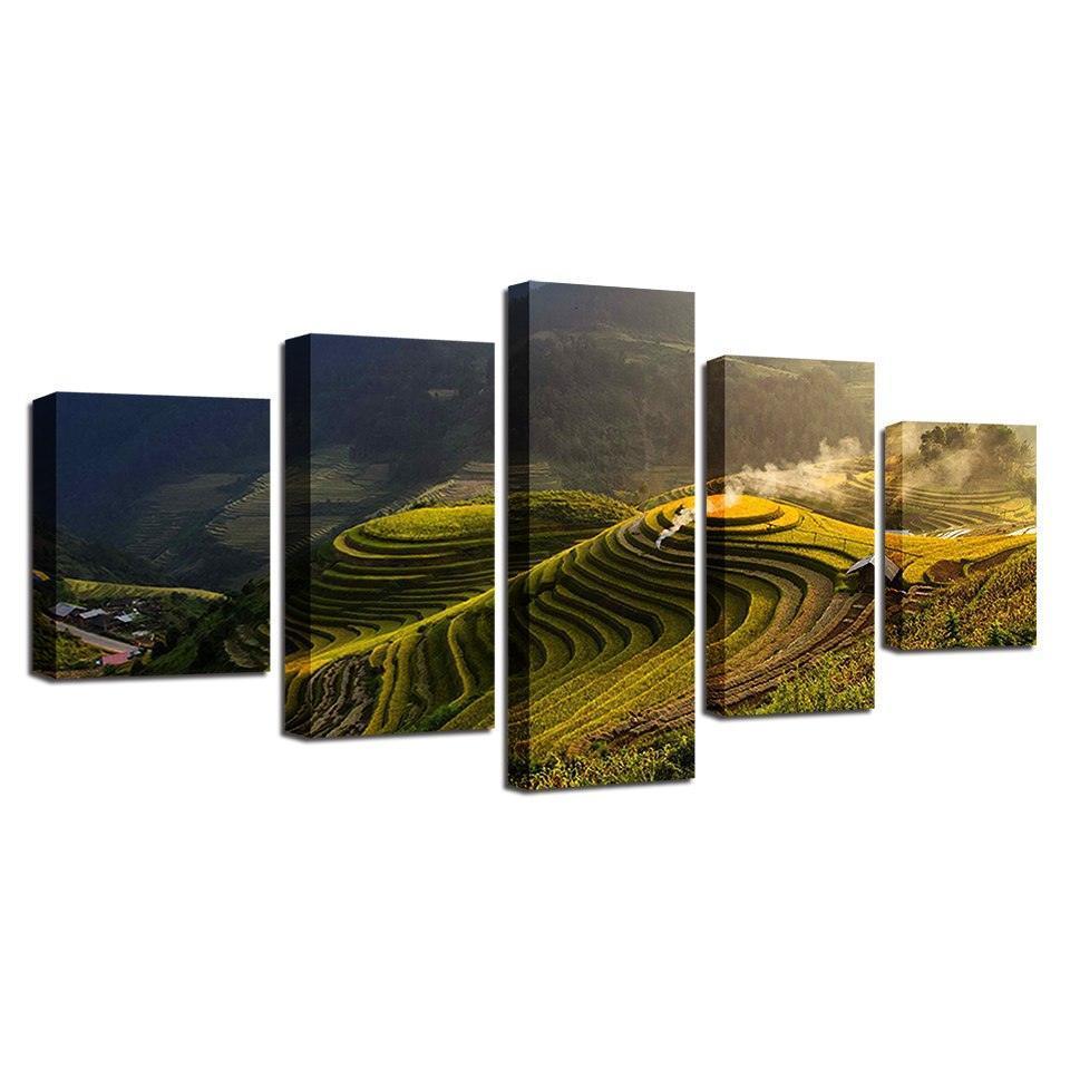 Terrace Rural Green 5 Piece HD Multi Panel Canvas Wall Art Frame-Original Frame