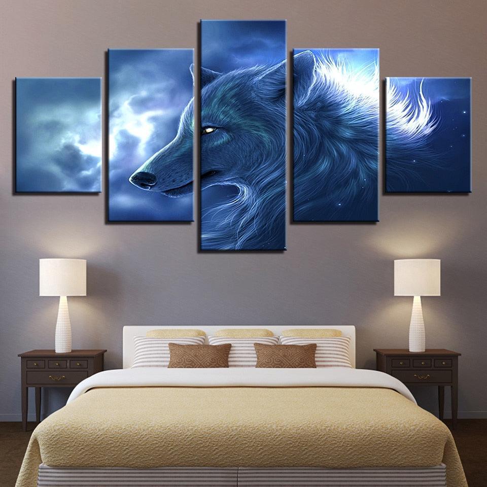 Wolf Night 5 Piece HD Multi Panel Canvas Wall Art Frame-Original Frame