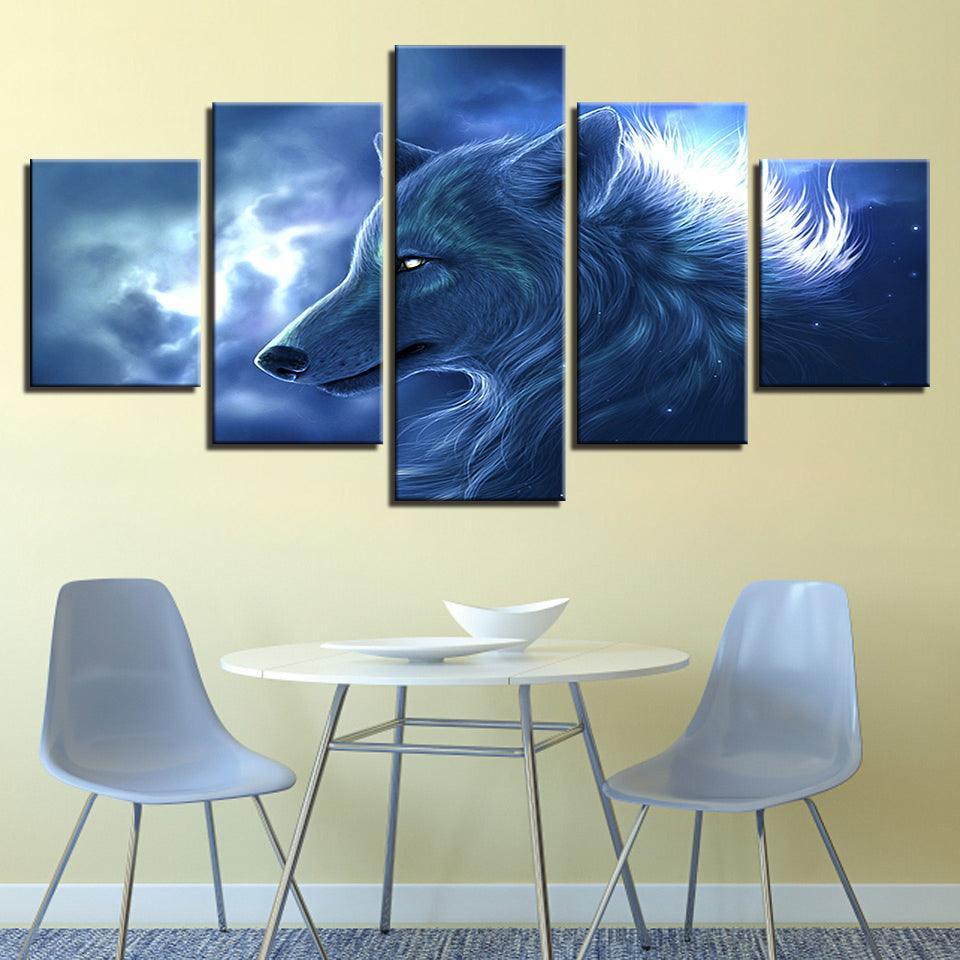 Wolf Night 5 Piece HD Multi Panel Canvas Wall Art Frame-Original Frame