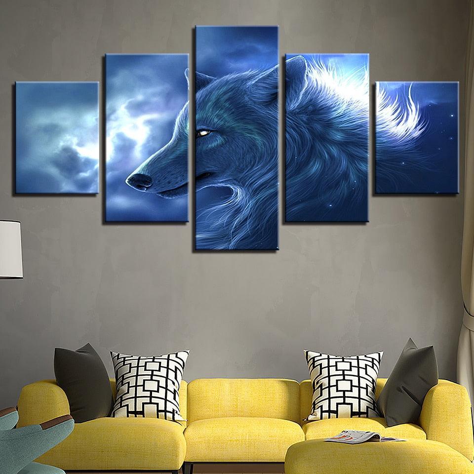 Wolf Night 5 Piece HD Multi Panel Canvas Wall Art Frame-Original Frame