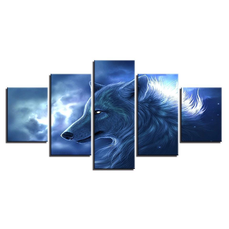 Wolf Night 5 Piece HD Multi Panel Canvas Wall Art Frame-Original Frame
