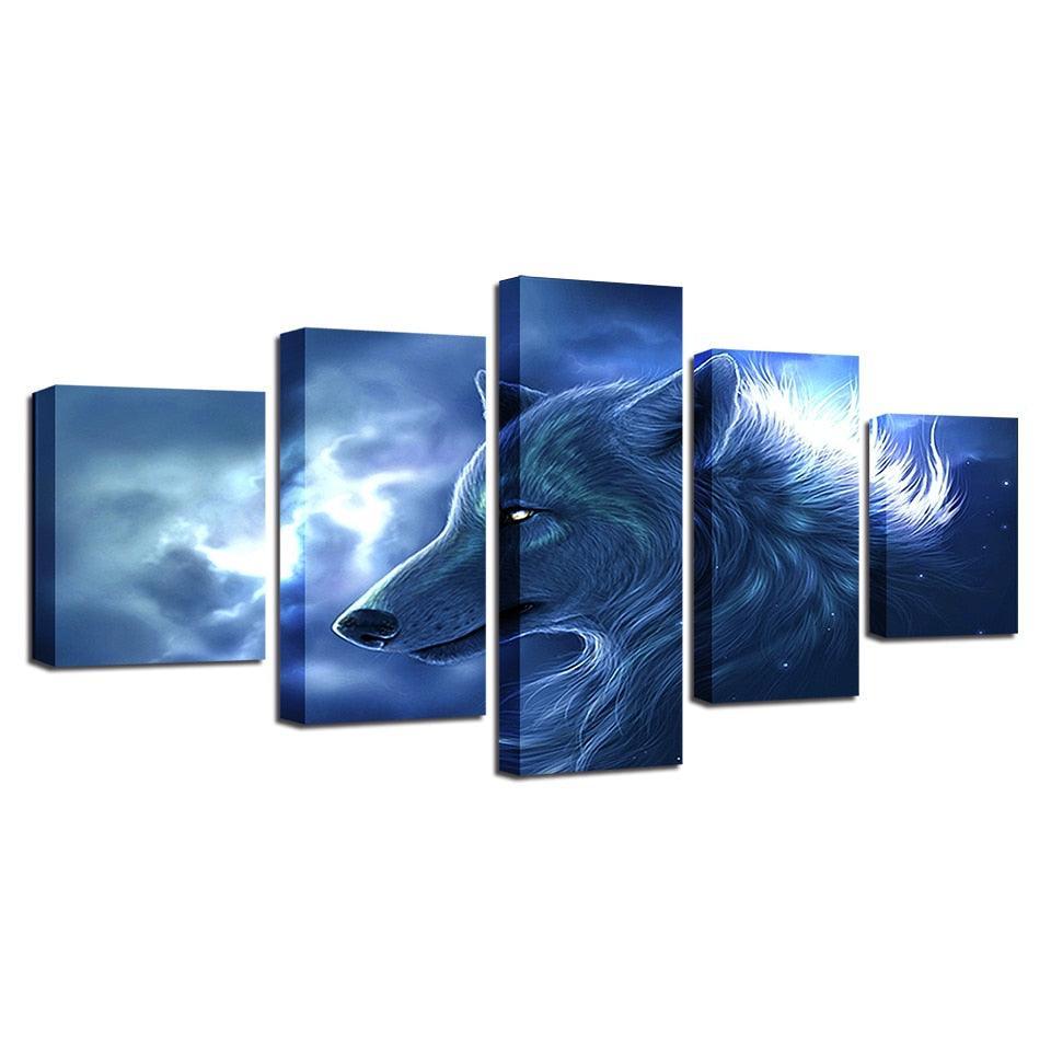 Wolf Night 5 Piece HD Multi Panel Canvas Wall Art Frame-Original Frame