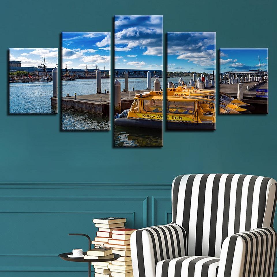 Ship Docks 5 Piece HD Multi Panel Canvas Wall Art Frame-Original Frame