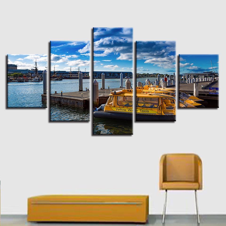 Ship Docks 5 Piece HD Multi Panel Canvas Wall Art Frame-Original Frame