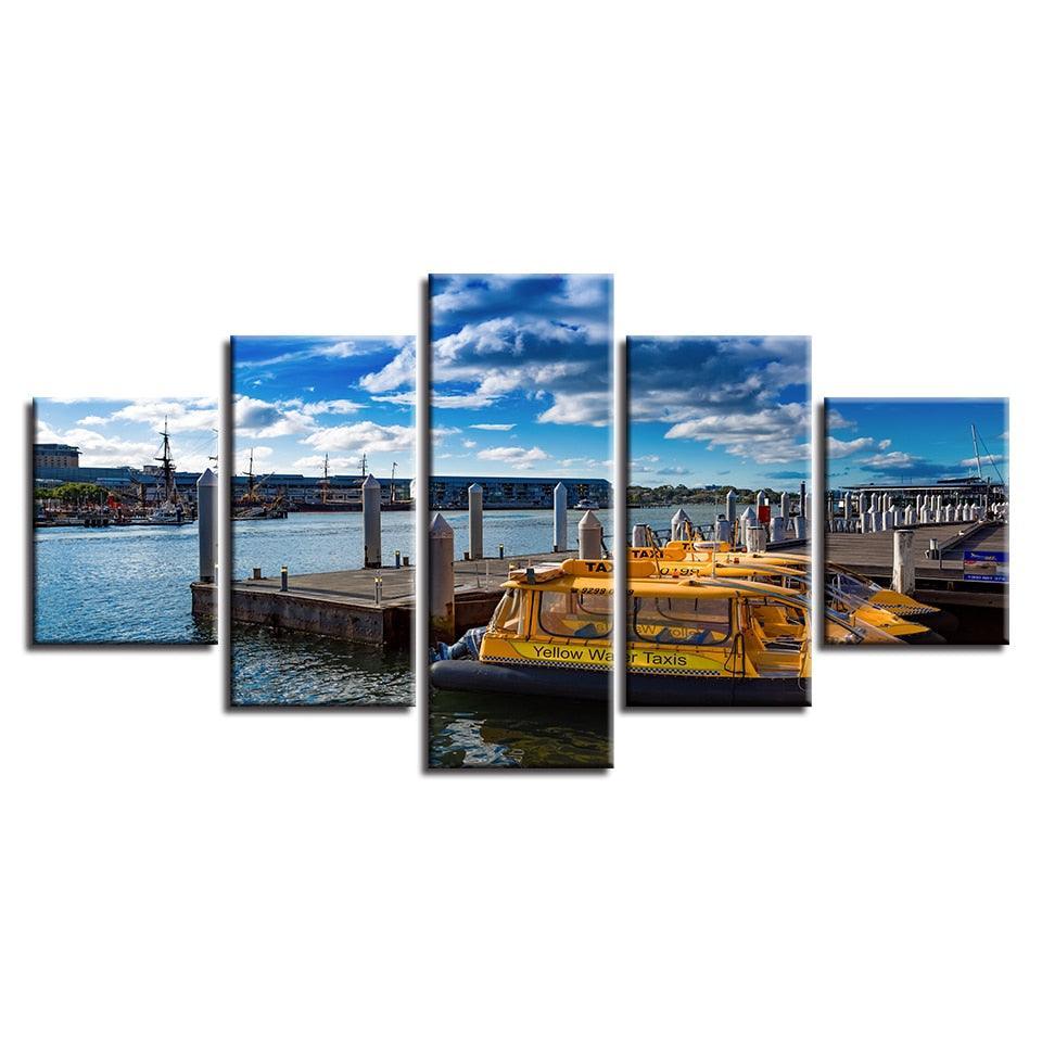 Ship Docks 5 Piece HD Multi Panel Canvas Wall Art Frame-Original Frame