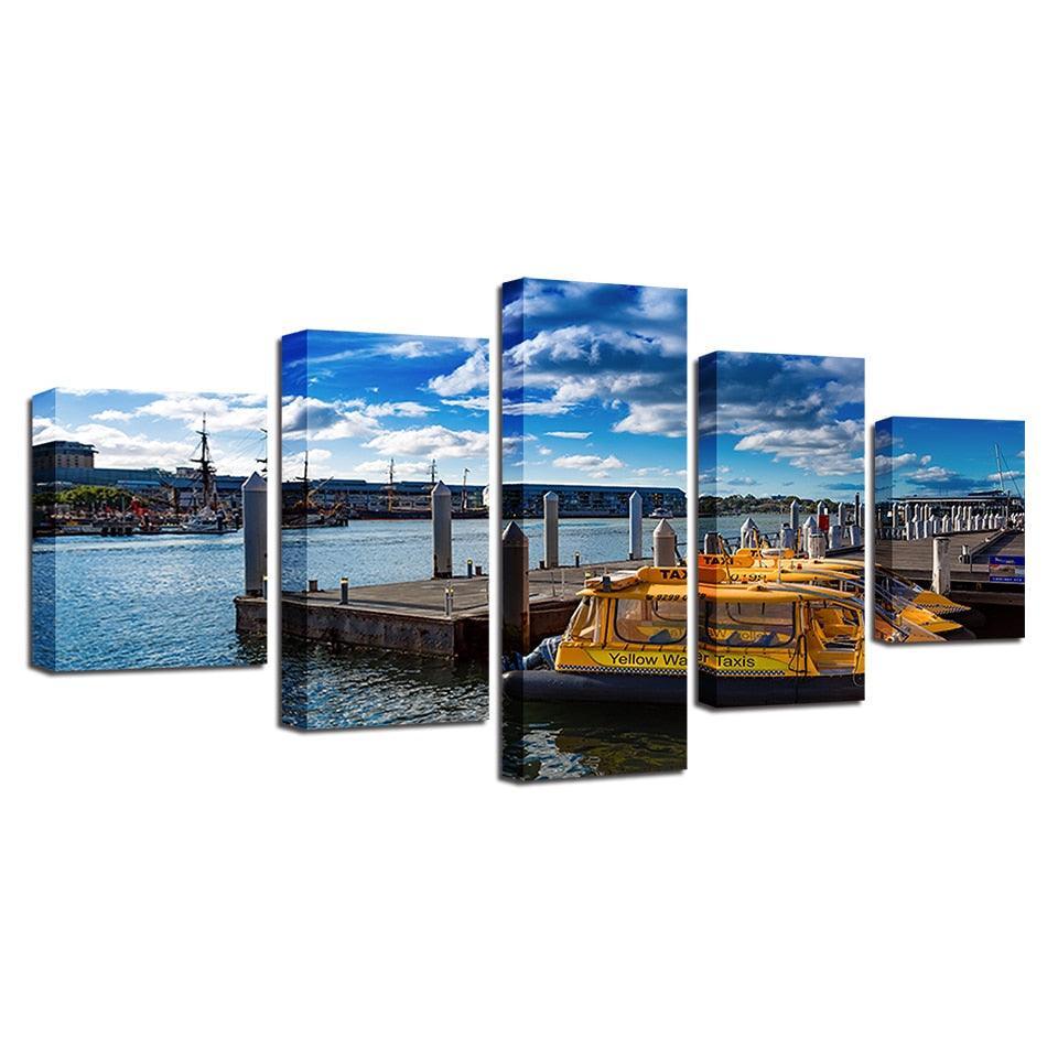 Ship Docks 5 Piece HD Multi Panel Canvas Wall Art Frame-Original Frame