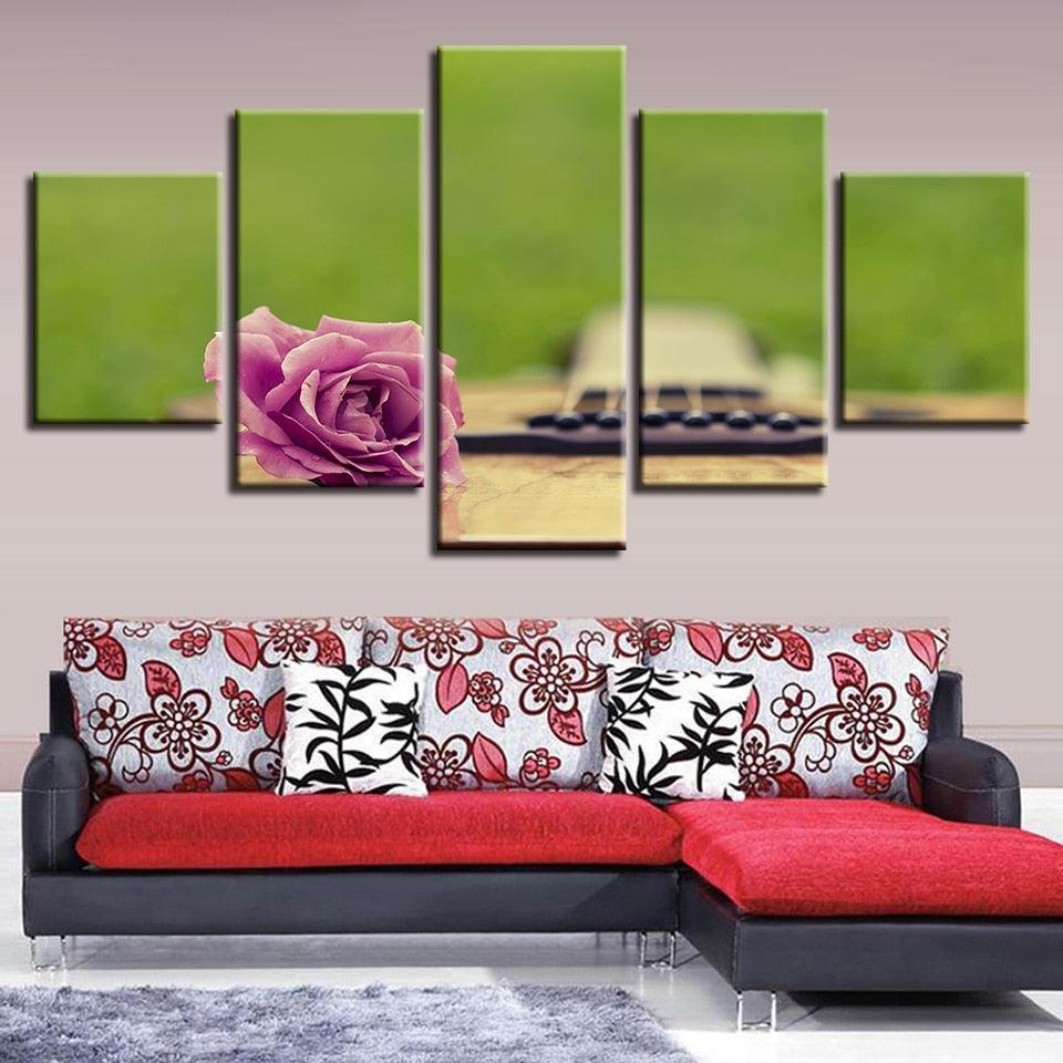 Guitar And Flower 5 Piece HD Multi Panel Canvas Wall Art-Original Frame