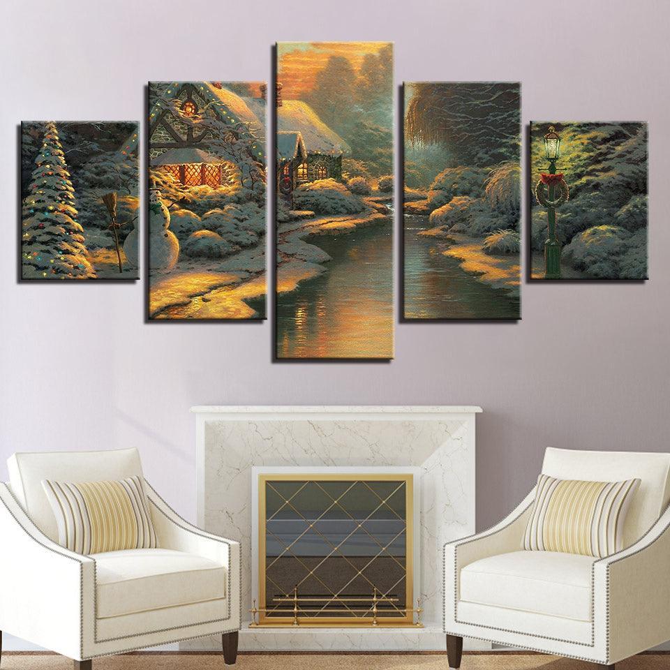 River Log Cabin 5 Piece HD Multi Panel Canvas Wall Art Frame-Original Frame