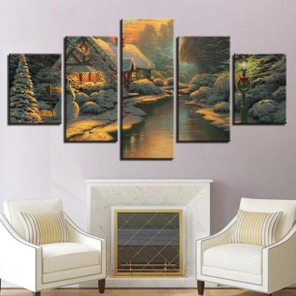 Cabin At the Bank 5 Piece HD Multi Panel Canvas Wall Art Frame-Original Frame