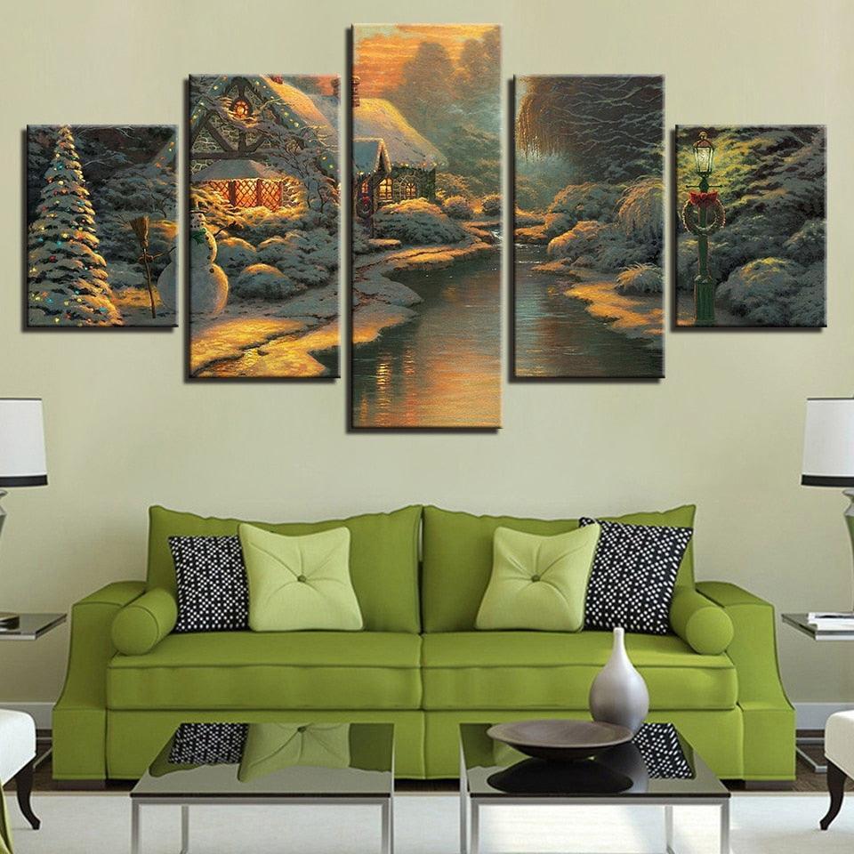 River Log Cabin 5 Piece HD Multi Panel Canvas Wall Art Frame-Original Frame