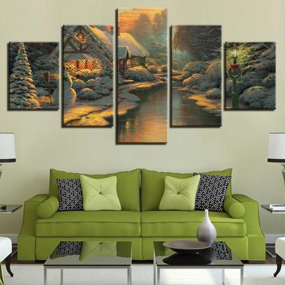 Cabin At the Bank 5 Piece HD Multi Panel Canvas Wall Art Frame-Original Frame