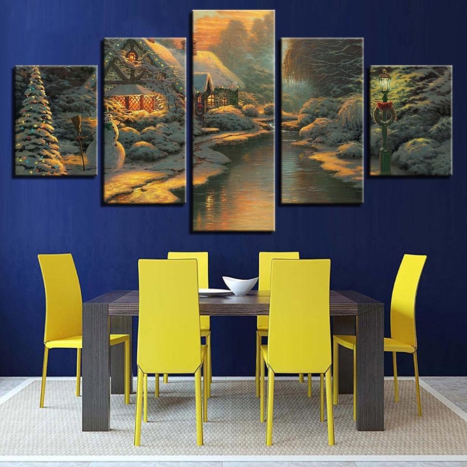 River Log Cabin 5 Piece HD Multi Panel Canvas Wall Art Frame-Original Frame